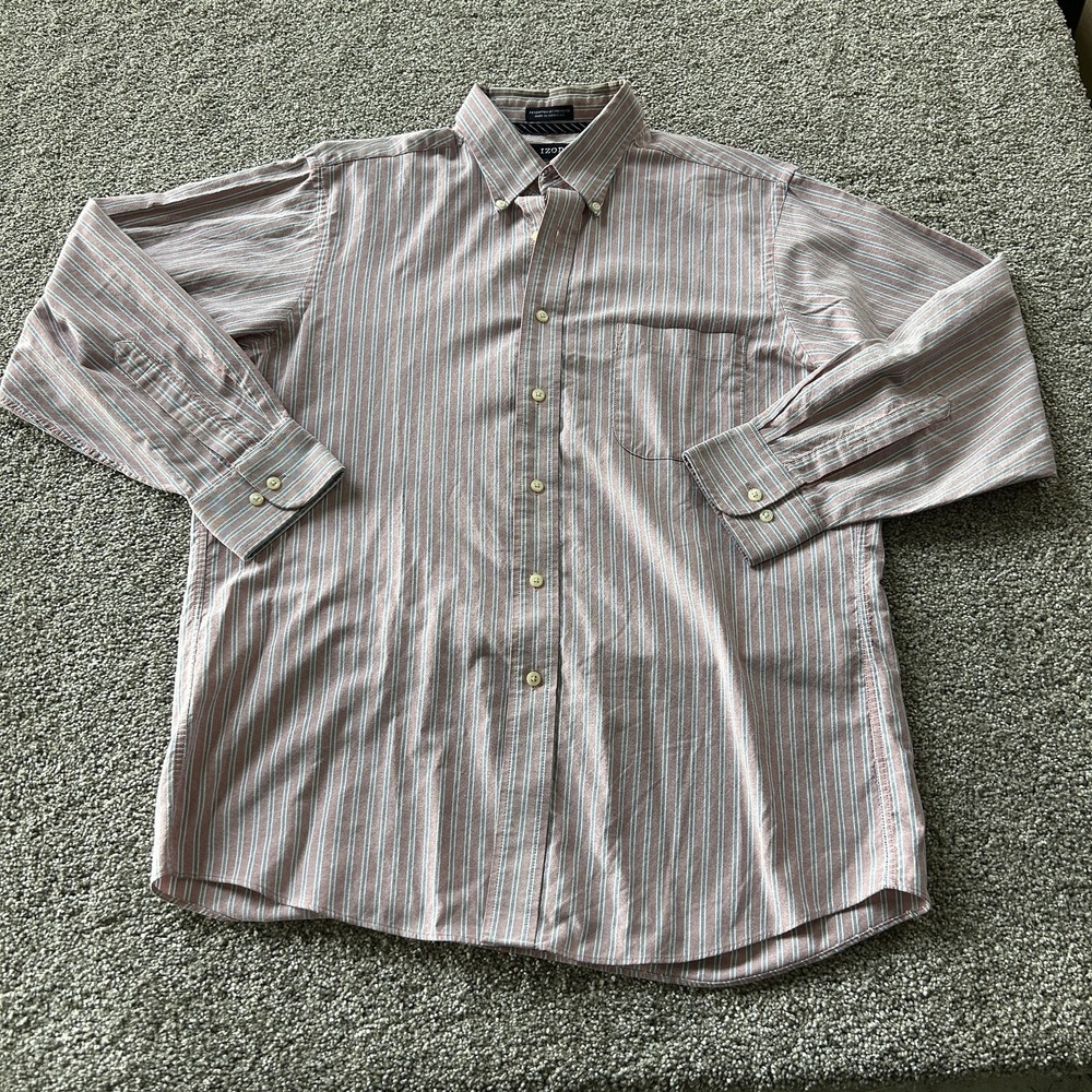IZOD Dress Shirt Mens 16 32/33 Pink Stripe Varsity Oxford Regular Long Sleeve